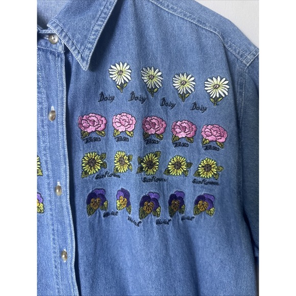 VTG Bobbie Brooks SZ LG XL Embroidered Denim Button Down S/S  Flowers Garden - Picture 3 of 6
